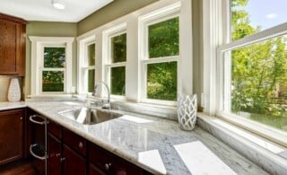 marble countertop in wood kitchen