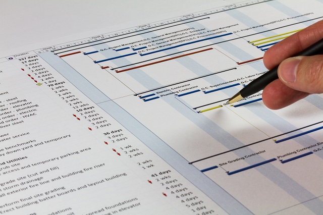 Detailed Gantt Chart showingConstruction Tasks, Resources and Notes. Includes a pen being held by a man on the right.