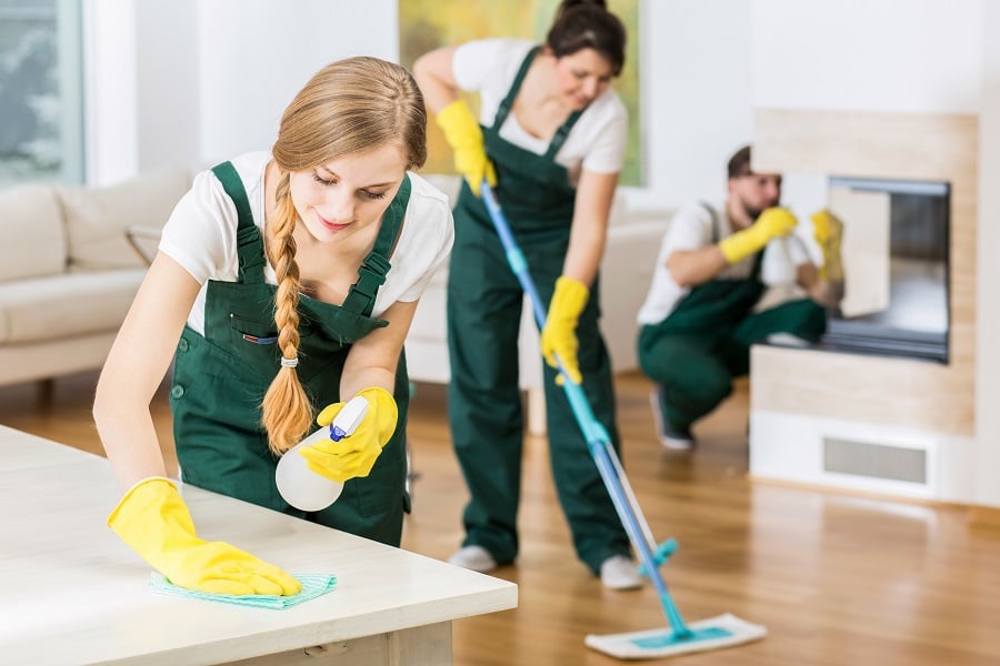 professional cleaners tiding up big apartment