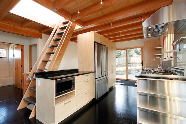 Kitchen with attic stairs