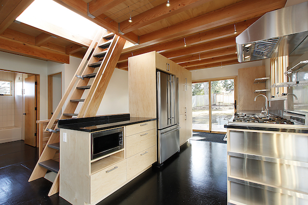 Kitchen with attic stairs