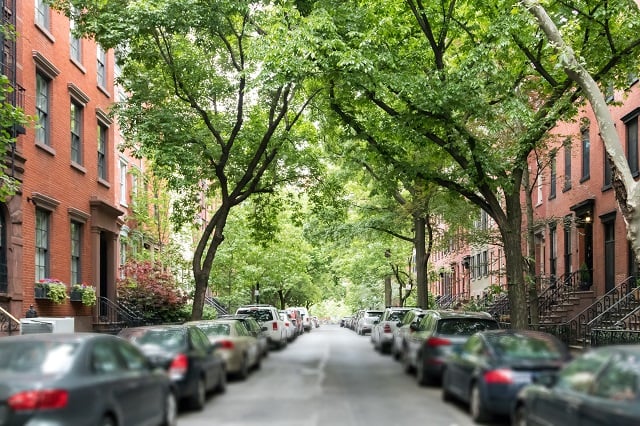 Street view of historic homes in city neighborhood