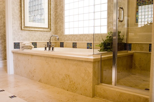 Modern bathroom in a house with tub and shower