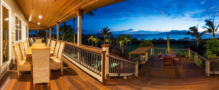 Beautiful Home Exterior Patio Deck and Dining Table with Sunset View