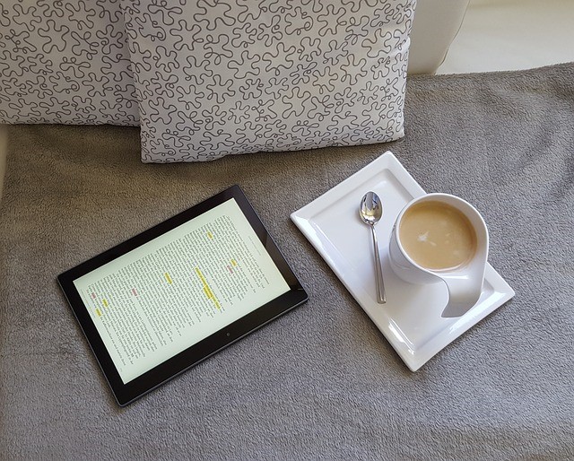 coffee and kindle sit on couch