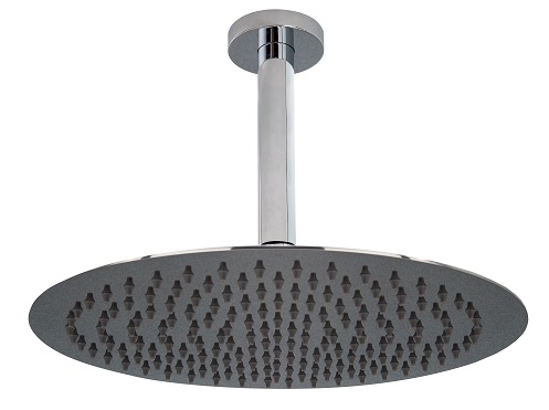 Chrome round shower head on white background. Ceiling mounted.
