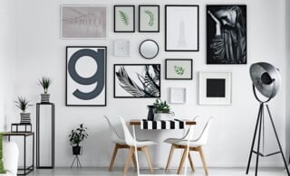 Scandi style dining hall with pictures on the wall