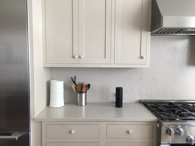 An Alexa virtual assistant sits on a kitchen in Brooklyn.