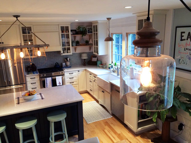 Modern farmhouse kitchen with rustic fixtures and farmhouse sink