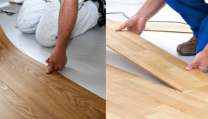 two men lay laminate and vinyl flooring