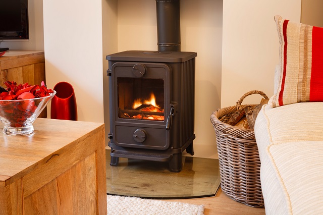 Wood burning stove in a living room