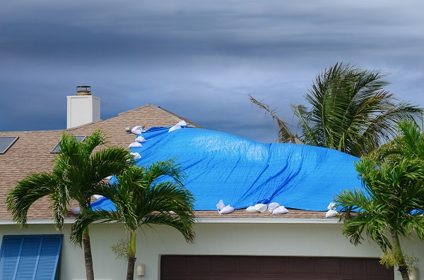 blue tarp on damaged roof