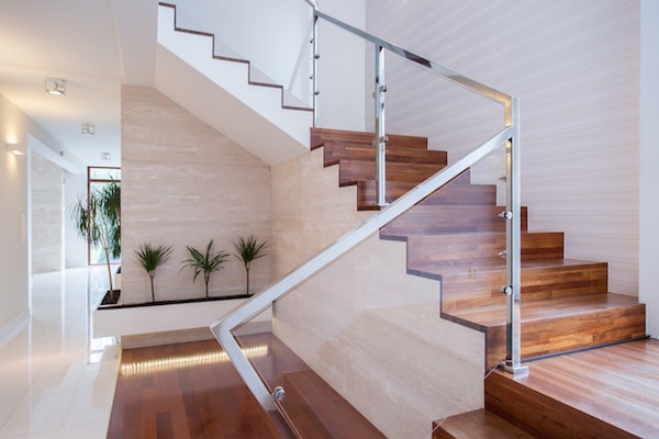 modern luxury staircase....glass engraved balustrade with golden rail, and  pearly wallpaper | Stairs design, Staircase, Luxury staircase