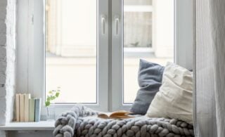 Relax area on wooden windowsill