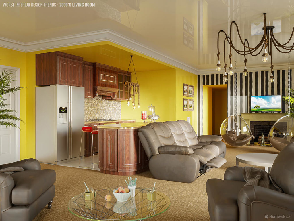 Worst Design Trends: TV feature walls and the overstuffed couch 2000's open floor living-room-kitchen