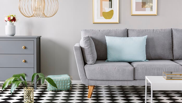 modern living room with checkered linoleum floor