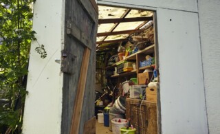 Interior of a garden shed with a crammed collection of eclectic diy and gardening equipment viewed through the open shed door.