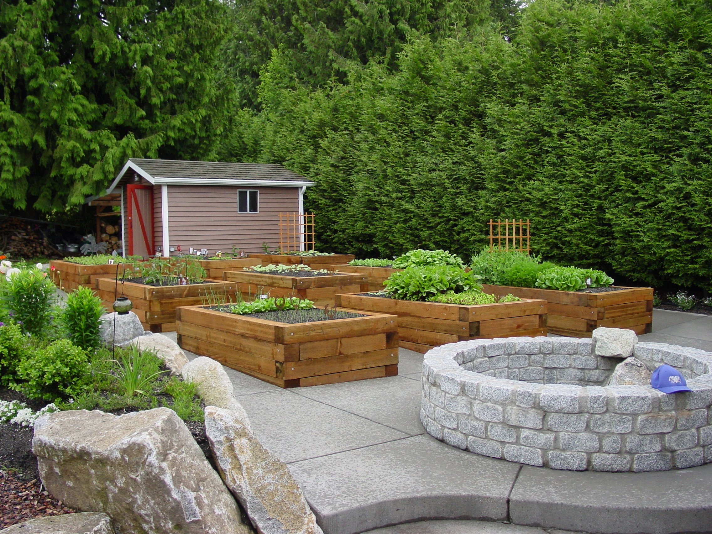 Wooden planter boxes on a patio