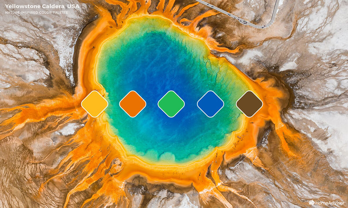 Overhead shot of a natural pool of water. There's an outter ring of orange and yellow, fades to a green and deep blue at its center