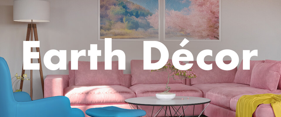 Living room rendering with over layed text reading "Earth Decor"