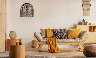 living room with chandelier and yellow accents