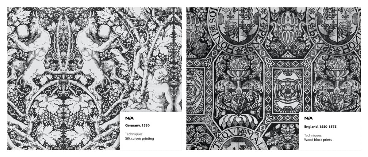 Side by side comparison of two black and white wallpaper designs. Left: German 1530 Silk screen print. Right: England 1550-1575 Wood block print