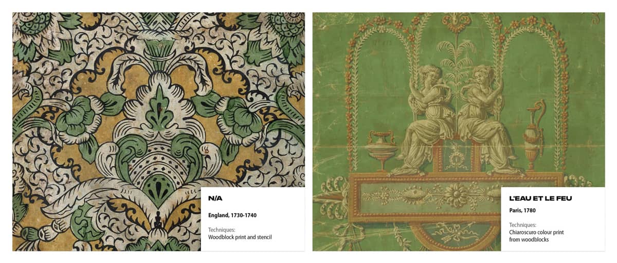 Side-by-side comparison of two green and brown wallpapers. Left: England 1730-1740 woodblock print and stencil. Right: L'eau le feu, Paris 1780.