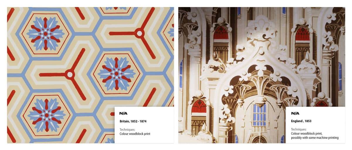 Side-by-side comparison of two blue, crimson, and sepia wallpapers. Left: Britain, 1852-1874. Right: England, 1853.