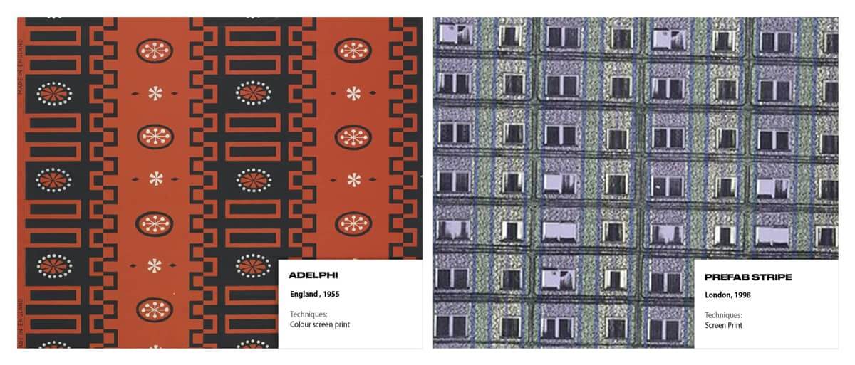 Side-by-side comparison of two busy, micropattern wallpapers. Left: Adelphi, England 1955. Right: Prefab Stripe, London 1988.