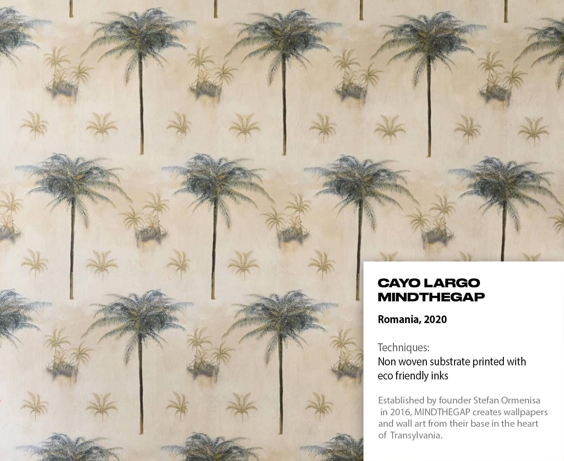 Cayo Largo Mindthegap, Romania, 2020. Palm tree print on color-washed, off-white background.