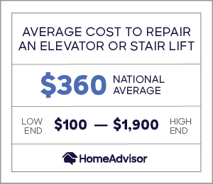 the average cost to repair an elevator or stair lift is $360 or $100 to $1,900