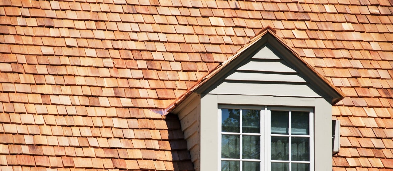 close-up of cedar shingles on a house