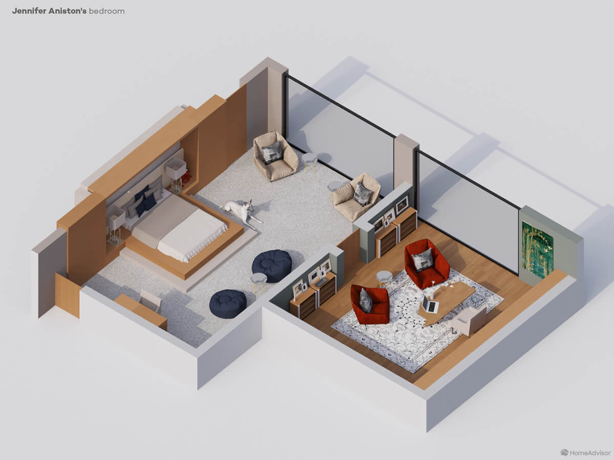 3D rendering of Jennifer Aniston's bedroom