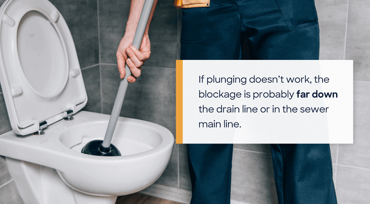 homeowner plunging toilet. Graphic says 'If plunging doesn't work, the blockage is probably far down the drain line.'