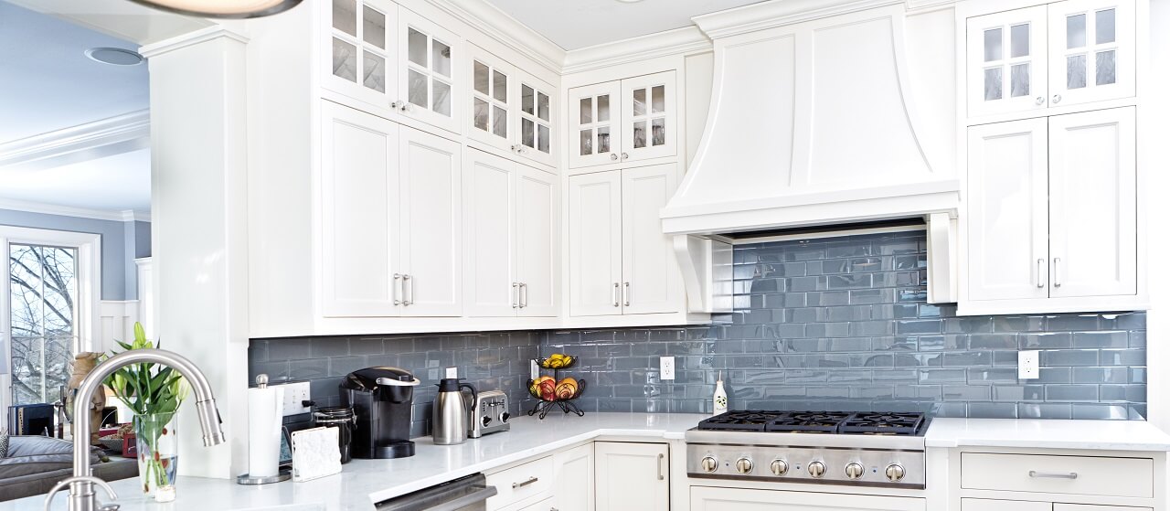 close up of a blue kitchen backsplash