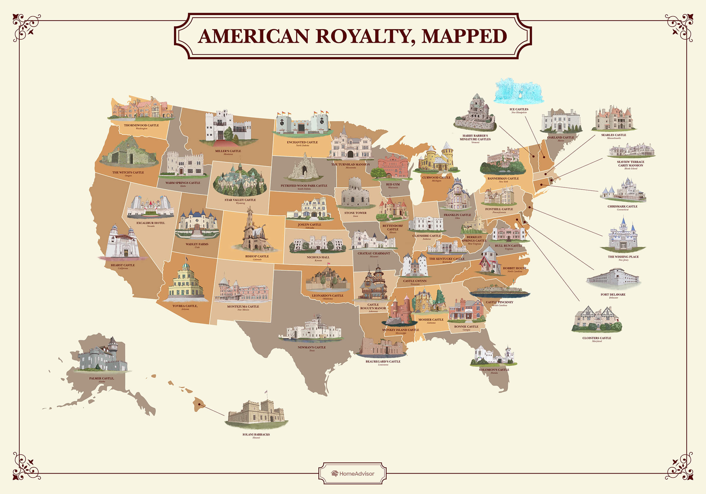 map of united states with castles