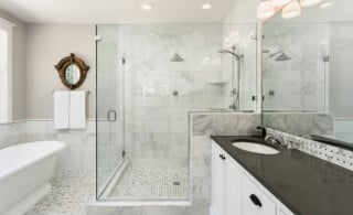 modern bright bathroom with glass shower