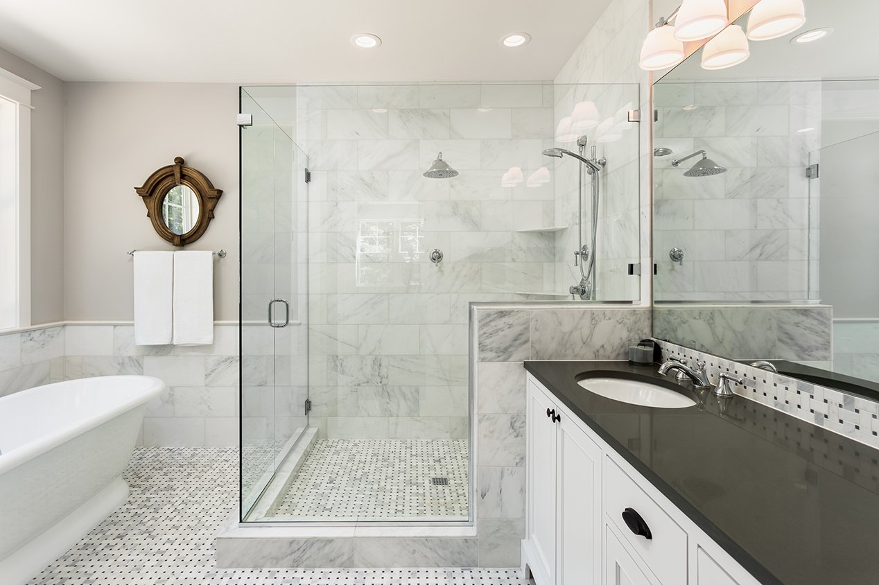 modern bright bathroom with glass shower