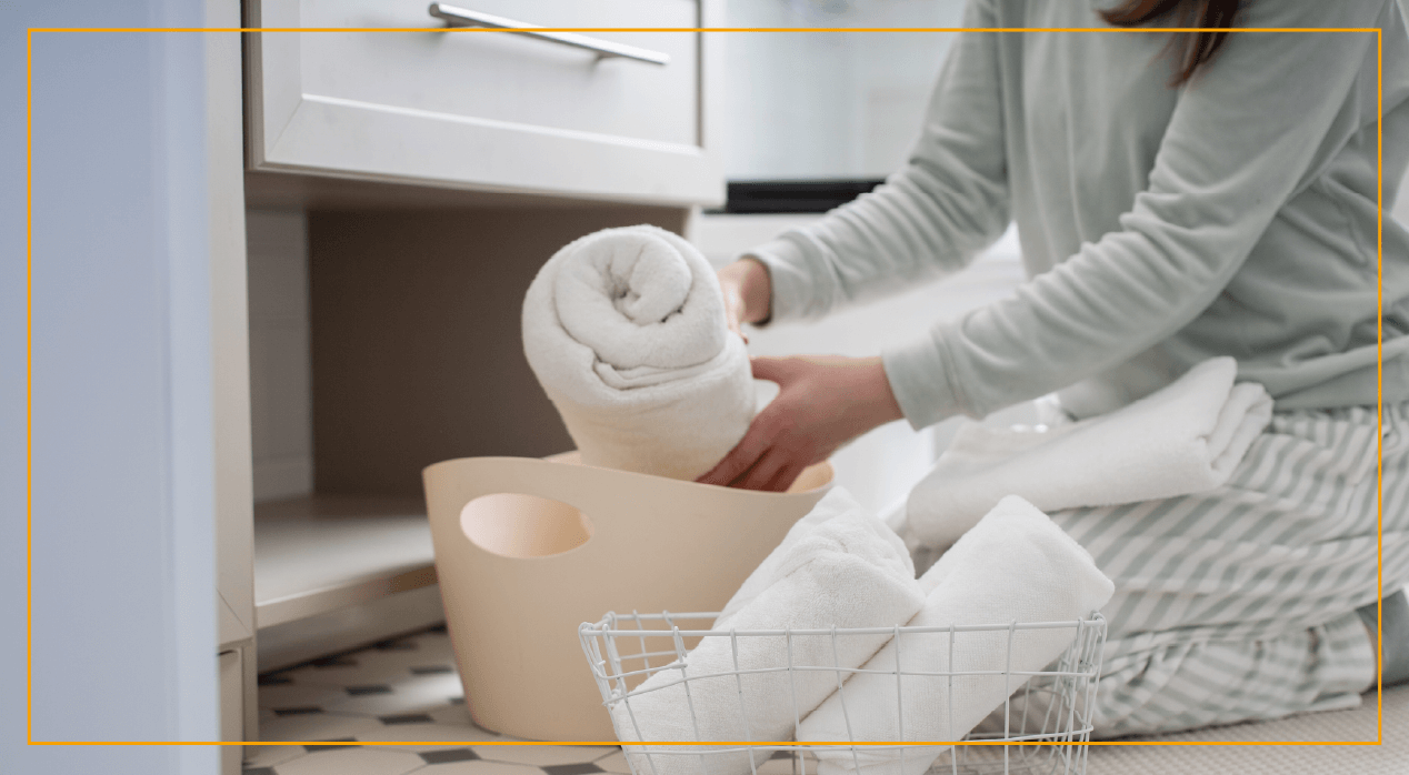 Woman folding towels on the ground