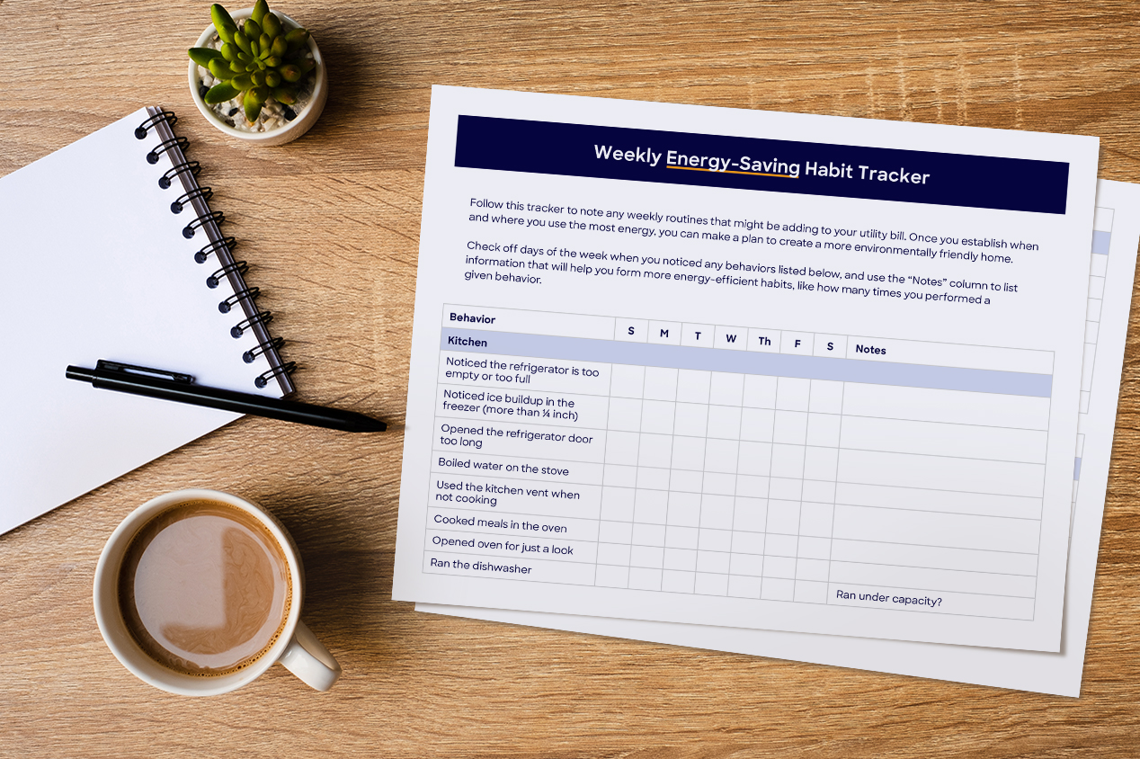 Weekly energy saving habit tracker on table with coffee