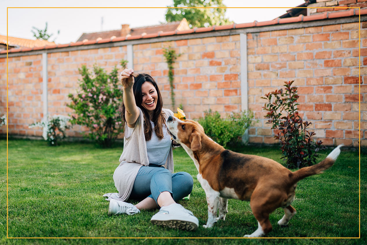 woman playing with dog in backyard