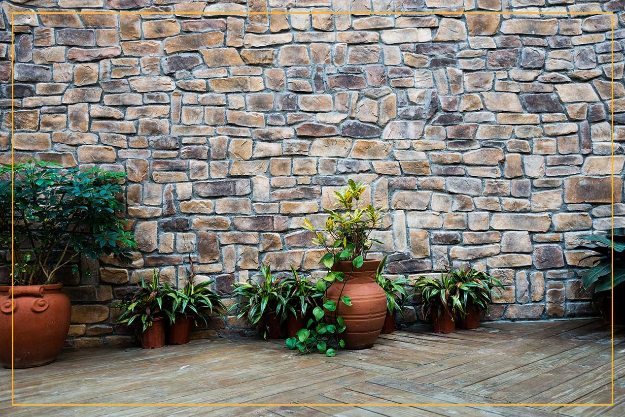 stone wall in backyard with plants