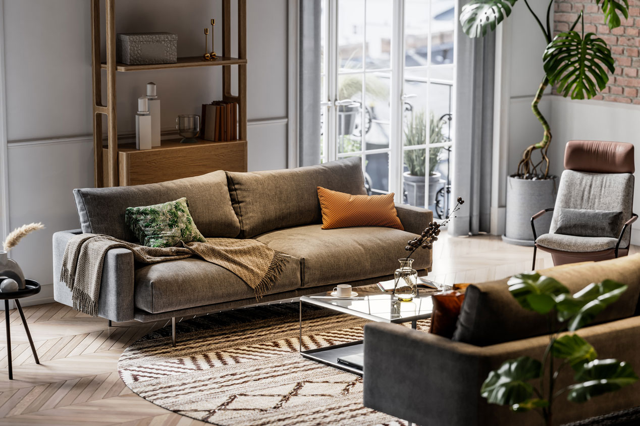 modern living room with two sofas and a chair around coffee table