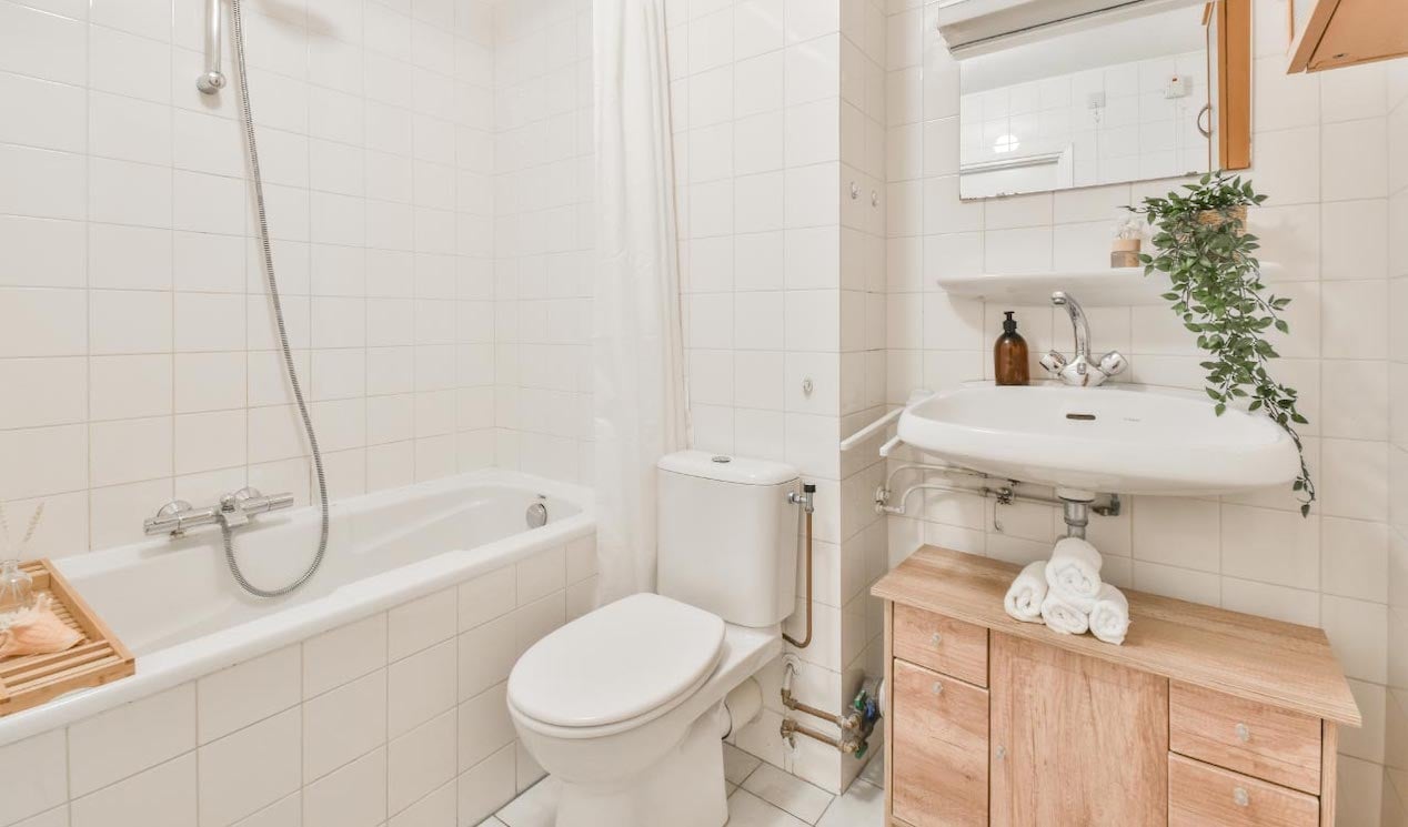 A modern interior of a white bathroom