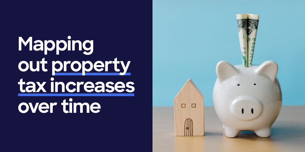 Title graphic for “Property Tax by State: Increased Projections Over Time” with a photo of a piggy bank